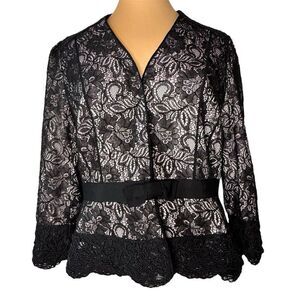 Tahari LUXE Sz 12 Jacket Arthur S. Levine Black Lace Lavender Lining Bow PRETTY
